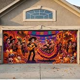Day of The Dead Garage Door Cover Dia De Los Muertos Outdoor Decorations Giant Sugar Skull Skeleton Halloween Banner for Coco Party Supplies Car Garage Covers