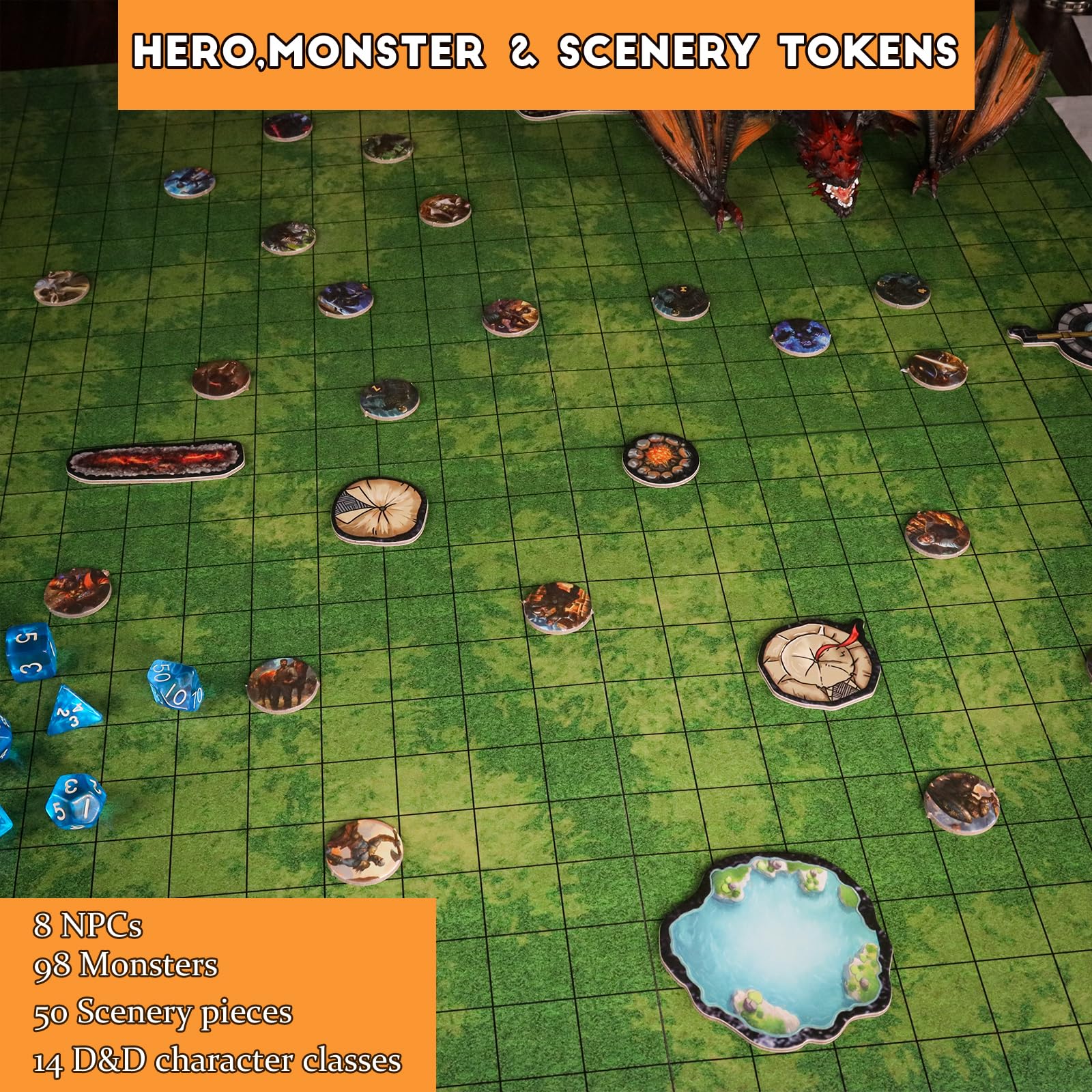 CZYY Foldable Battle Mat with DM Screen, Game Tokens, Dice Set, Markers - 2-Sided Wet & Dry Erase Terrain, Ultimate DND Starter Set, Accessories, Gift for Dungeon Master & Player