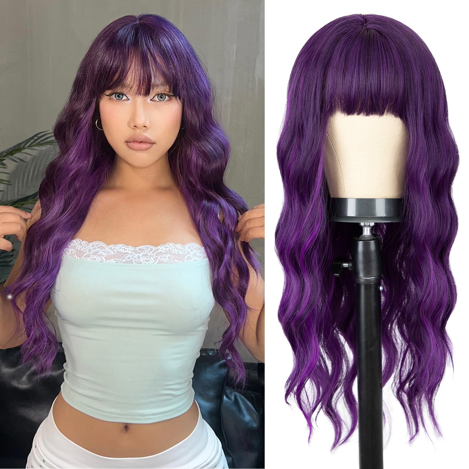 Photo 1 of ***UNTESTED/UNKNOWN DAMAGES*** NAYOO Wig with Bangs Long Natural Wavy Synthetic Wigs for Women 24 Inches Long Heat Resistant Fiber Wigs for Cosplay Party Use/Halloween Use (Purple, 24 Inch)
