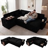 100" Modular Sectional Sleeper Sofa with Pull Out Bed/Side Table/USB Charging/Storage Chaise, U Shaped 7 Seat Corduroy Sofa with Storage Armrests/Cup Holders, Comfy Convertible Cloud Couch, Black