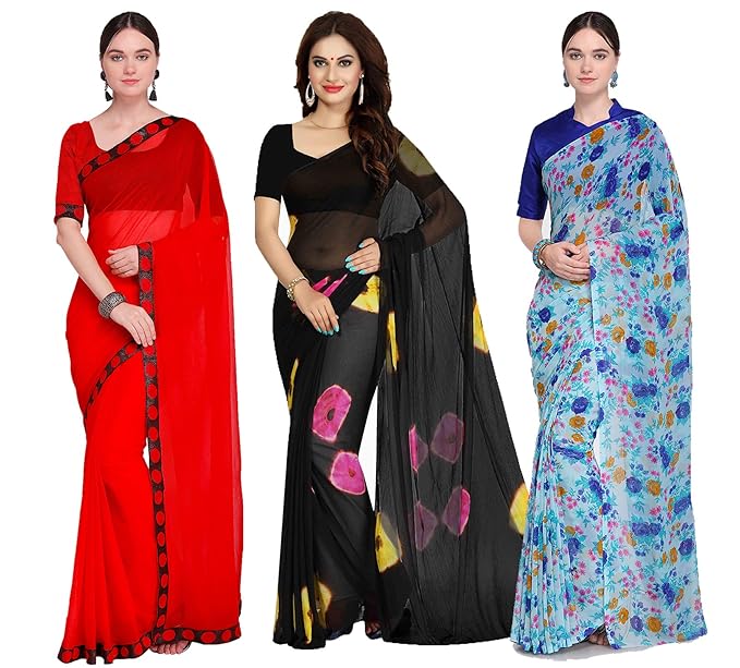Combo of 3 Poly Georgette Multicolor Printed Womens Saree