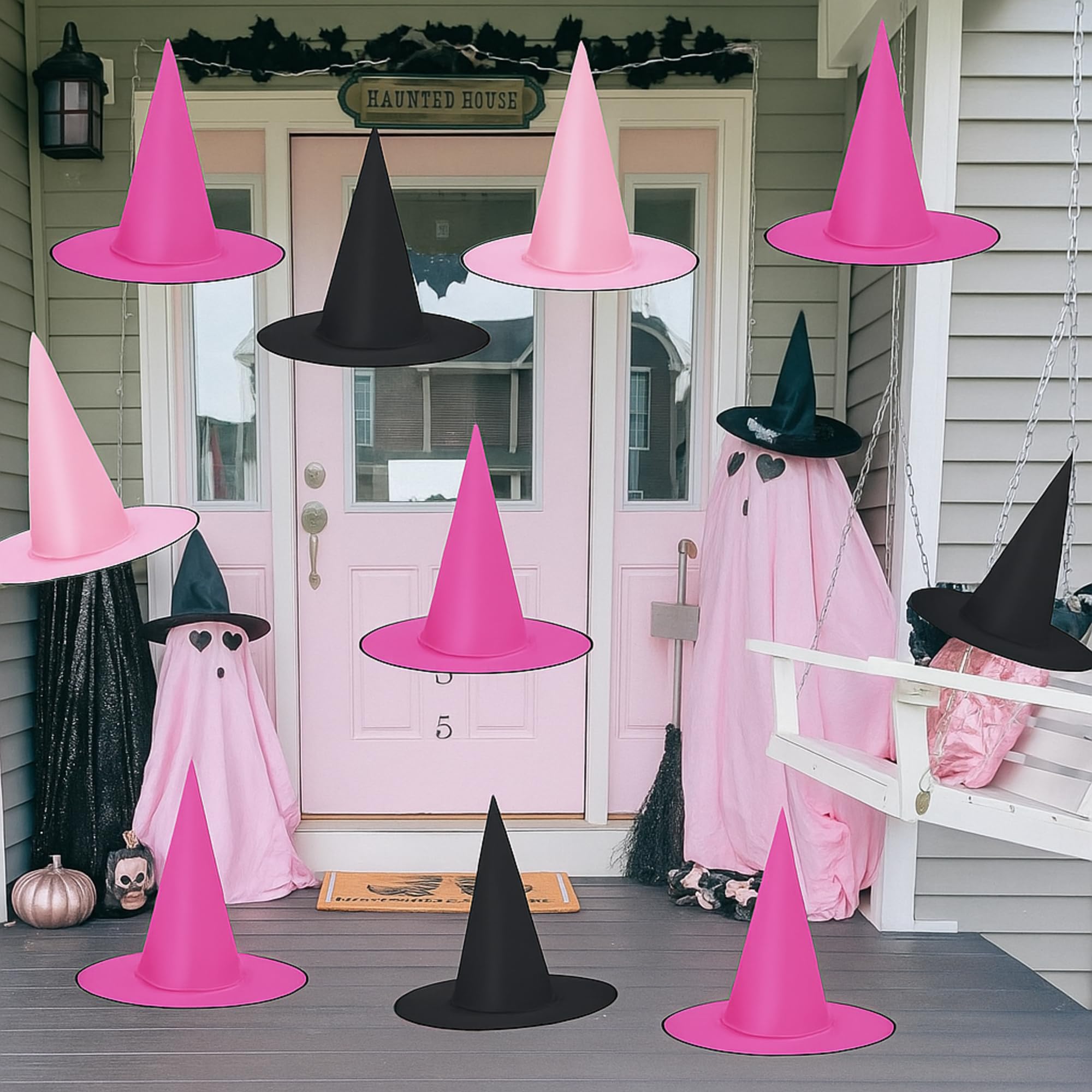 Photo 1 of 18 Pcs Halloween Decorations Hanging Witch Hats Pink and Black Floating Witch Hats Decorations with 109 Yards Rope Wizard Cap Hanging Decor for Halloween Indoor Outdoor Home Yard Porch Ceiling