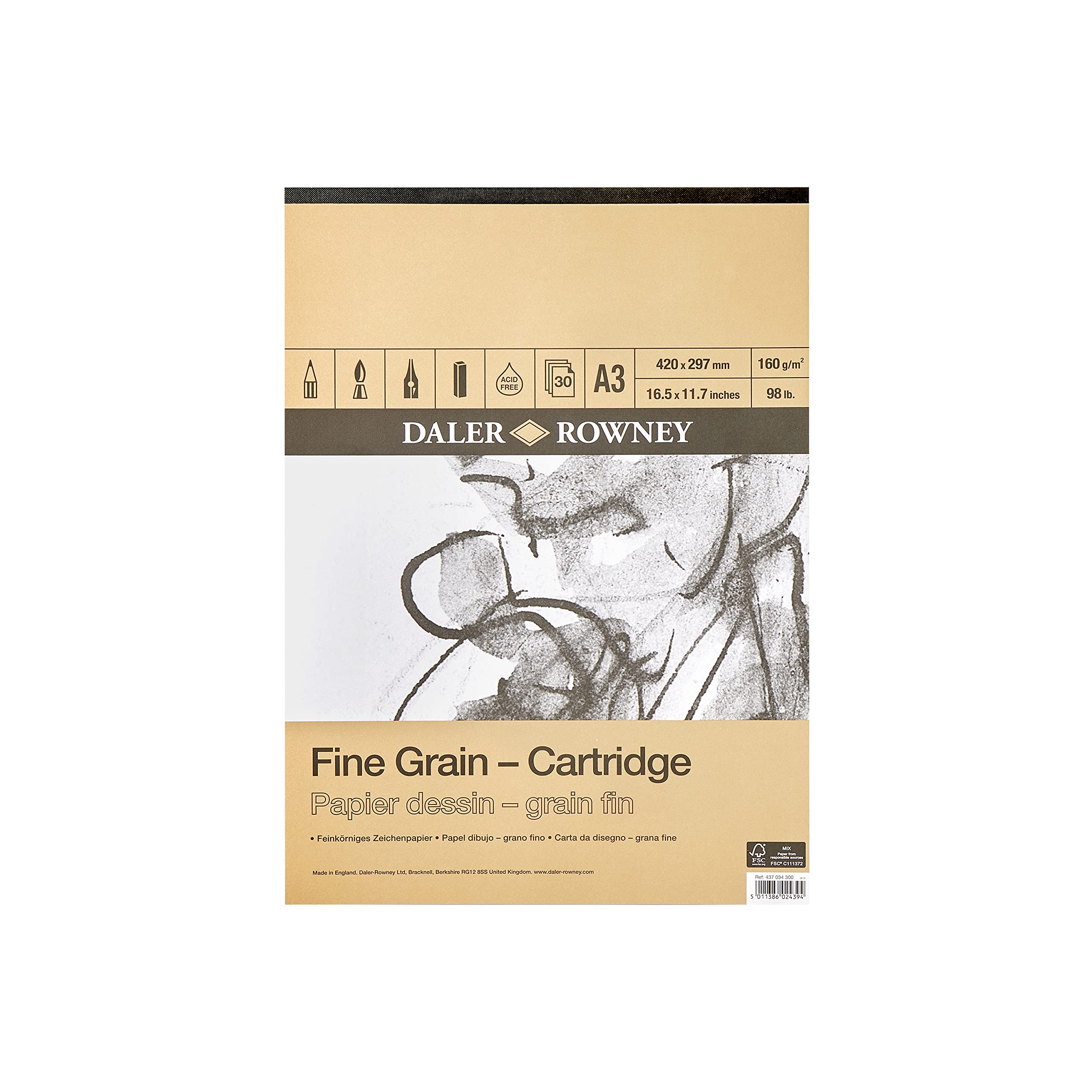 Daler-Rowney Fine Grain Lightly Textured 160gsm A3 Cartridge Drawing Paper Pad, Glued 1 Side, Acid-free, 30 White Sheets, For Professional Artists & Students