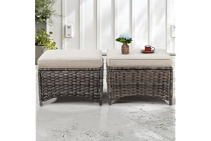 Gardenbee Patio Ottomans Set of 2 PE Wicker Steel Frame Outdoor Footstool with Removable Olefin Cushions for Patio, Backyard and Deck, Beige