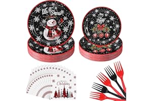 Umigy 96 Pcs Christmas Paper Plates and Napkins Set Merry Christmas Snowman Disposable Paper Plates and Napkins Forks Round Dinner Tableware for Xmas Holiday Party Supplies Table Decor, Serves 24