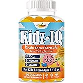 Kidz IQ Focus Gummies for Kids & Teens, Omega 3 DHA Brain Vitamins for Kids, Brain Supplements for Memory and Focus, Orange Flavor, Non-GMO, Gluten-Free – 60 Gummies