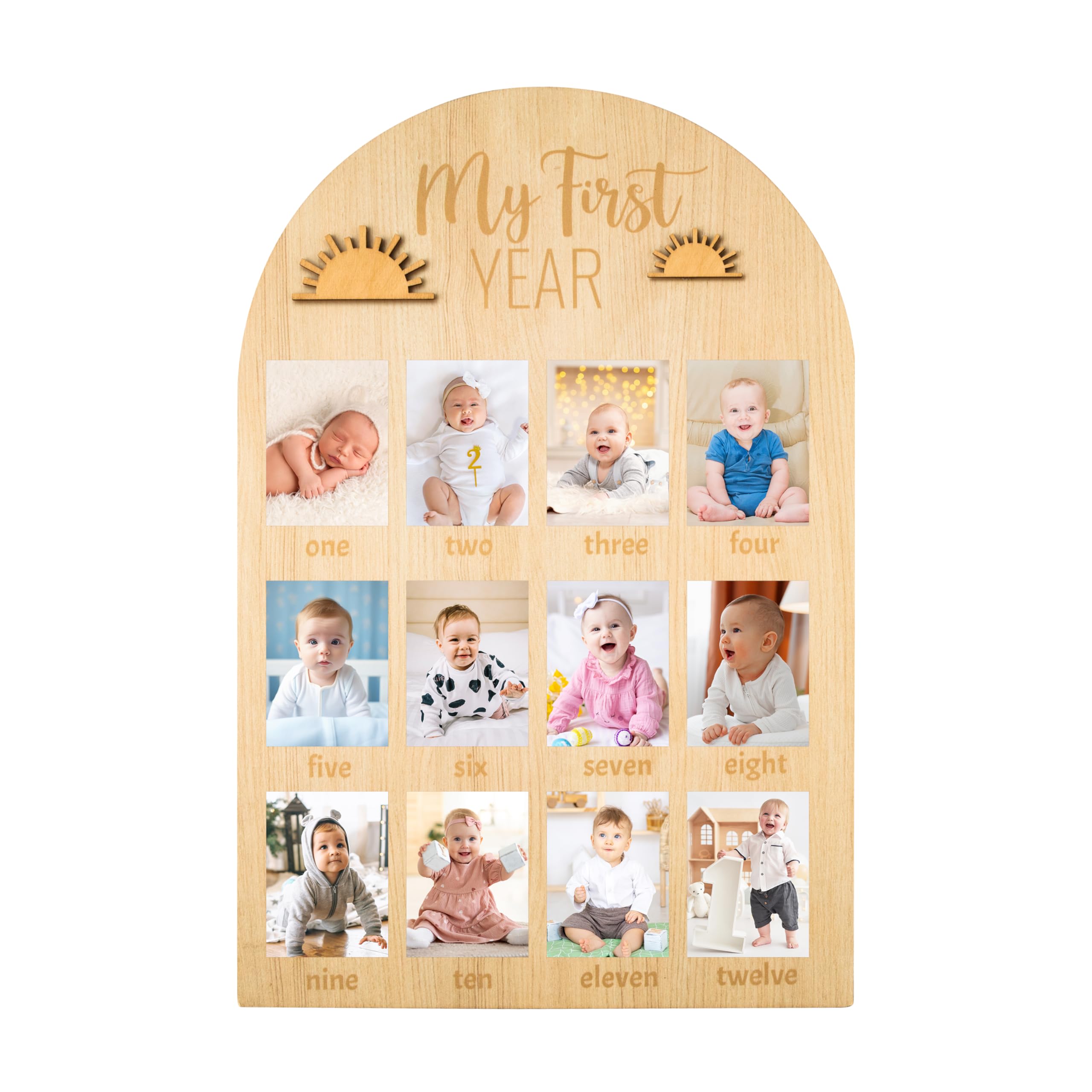 Photo 1 of R HORSE My First Year Photo Display Wood Board - Fits 2 x 3 Inch Photo, 3D Boho Sun Baby's First Year Picture Frame 12 Months Milestone Board Baby Keepsake Birthday Nursery Decor for Boy Girl