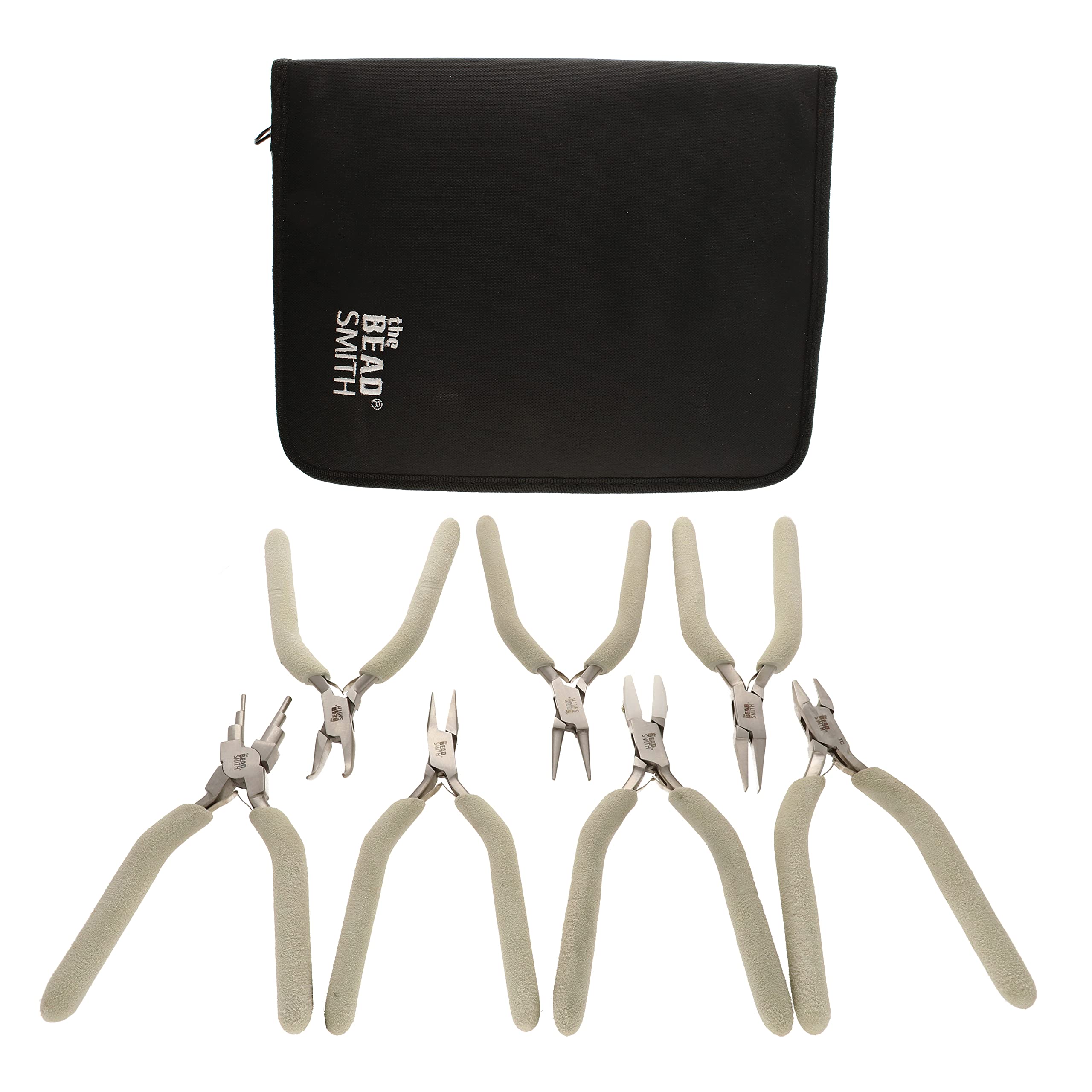 The Beadsmith Wire Elements Tool Set - 7-Piece Kit (Round Nose, Bent Chain Nose, Flush Cutter, Flat Nose, Nylon Jaw Flat Nose, Chain Nose & Wire Looper), Polished Steel Head with Comfort Grip Handle