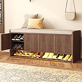 HOMEFORT 47.2" Fluted Shoe Storage Bench, Entryway Bench with Linen Seat Cushion, Shoe Cabinet Bench with Adjustable Shelf and Built-in LED Sensor Light, Bench for Bedroom End of Bed, Walnut
