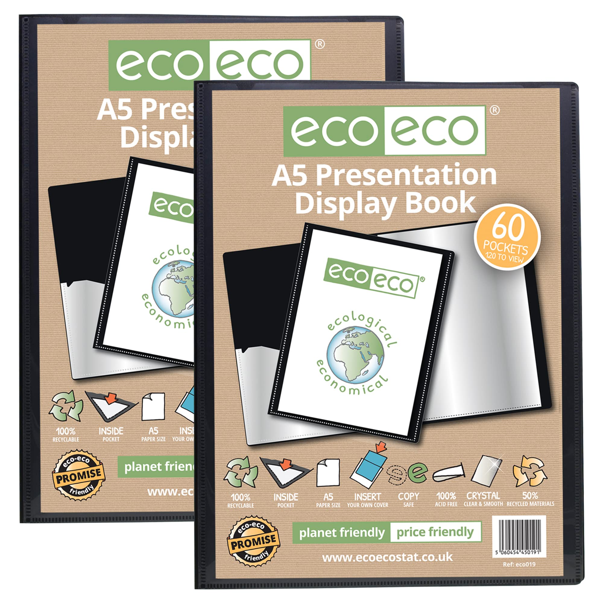 eco-eco A5 Size 50% Recycled 60 Pocket Black Presentation Display Book, Storage Case Portfolio Art Folder with Plastic Sleeves, eco019x2, (Pack of 2 Books)