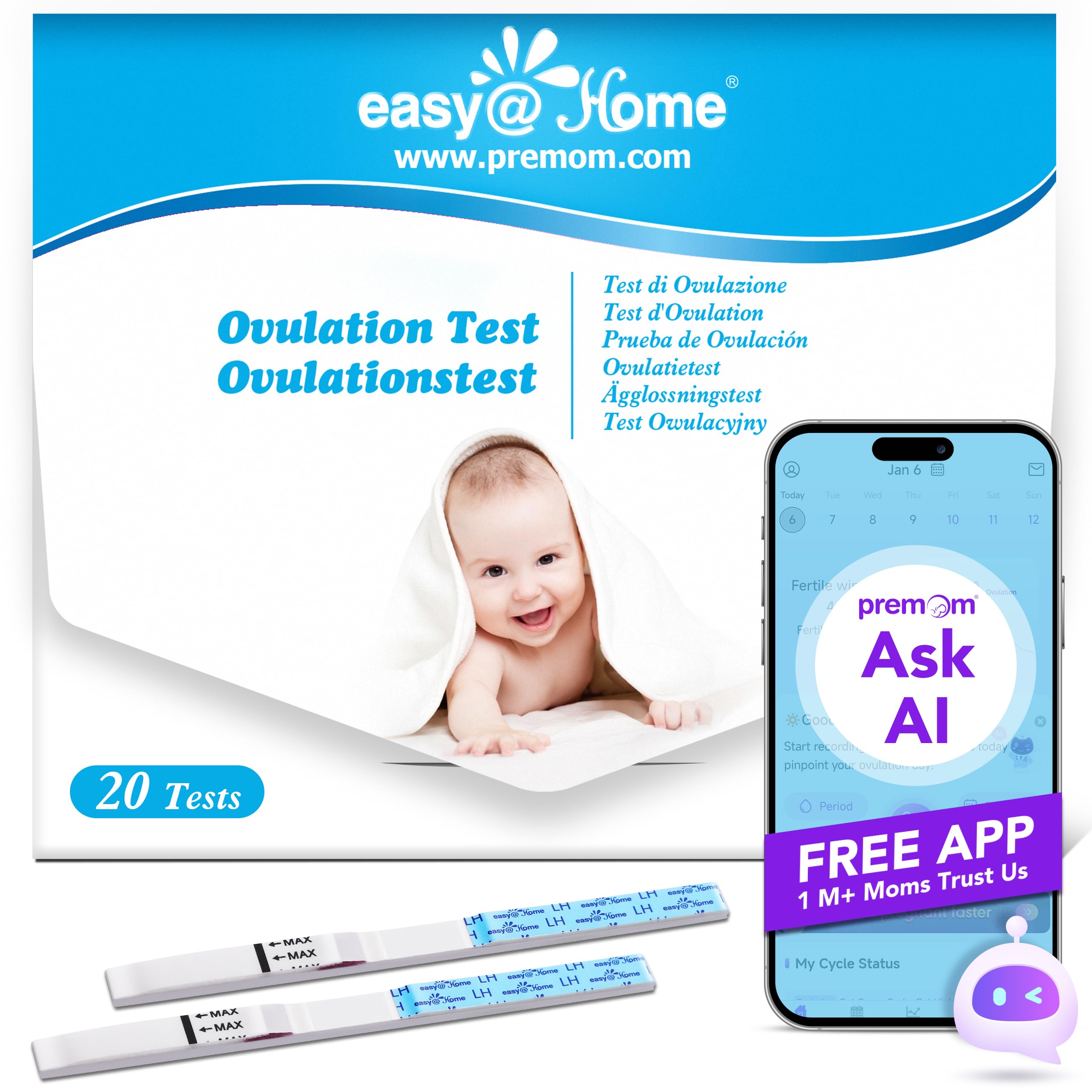 Ovulation Fertility Test Predictor Kit: Easy@Home 20 LH Strips Accurate Fertility Test for Women Ovulation - Powered by Premom Ovulation Tracker App