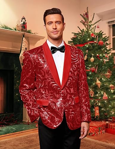 COOFANDY Red Mens Sequin Blazer Sparkly Glitter Jacket Floral