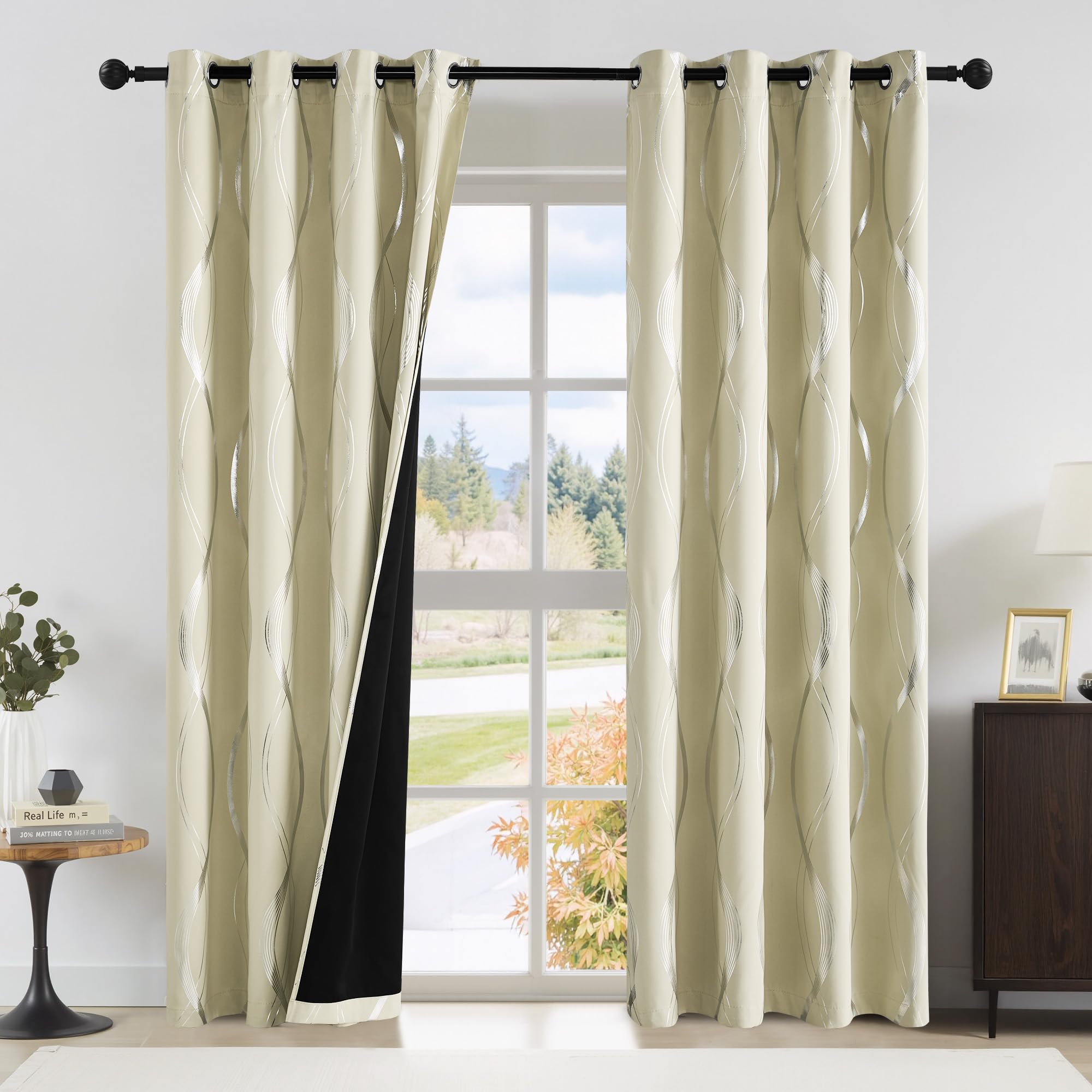 NICETOWN 100% Blackout Curtain Panels 84 inches, Light Reducing Thermal Insulated Solid Grommet Foil Print Drapes for Living Room/Nursery/Kids Room (Beige, Set of 2, W52 by L84) Image