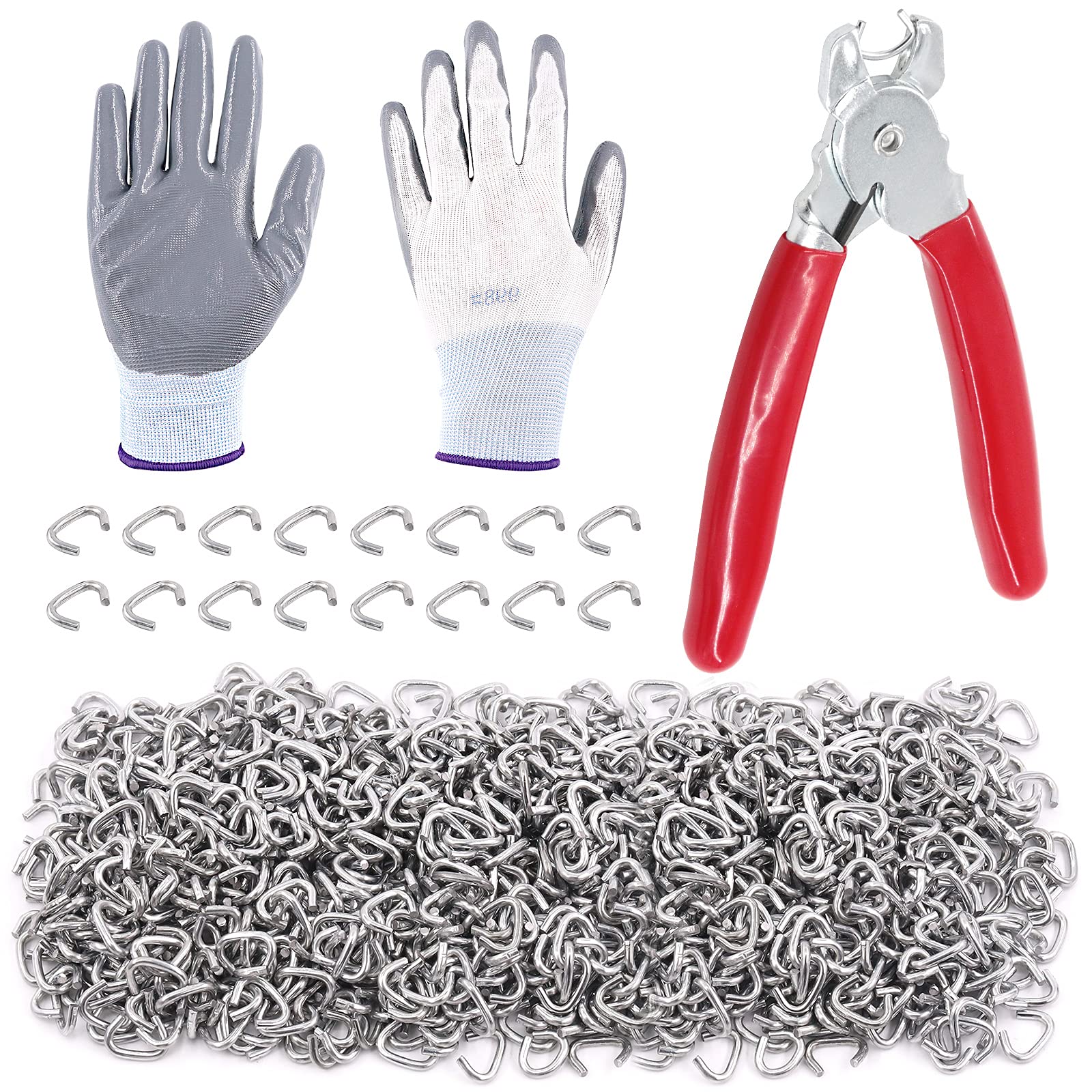 Wokape 1003Pcs 3/8'' Heavy Duty Galvanized Hog Rings w/ Straight Hog Ring Pliers Kit, Professional Upholstery Rings & Protective Gloves Installation KitBungee Shock, Cords, Pet Cages, Bags, Silver