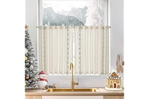 JINCHAN Small Window Curtains 45 Inch Length Christmas Decorations Linen Cafe Curtains for Kitchen Bathroom Bordered Floral Embroidered Rustic Farmhouse Light Filtering Curtain 2 Panels Green on Beige