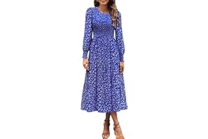 Zattcas Womens Fall Dresses 2025 Casual Long Sleeve Smocked Boho Floral Tiered Midi Wedding Guest Dress with Pockets