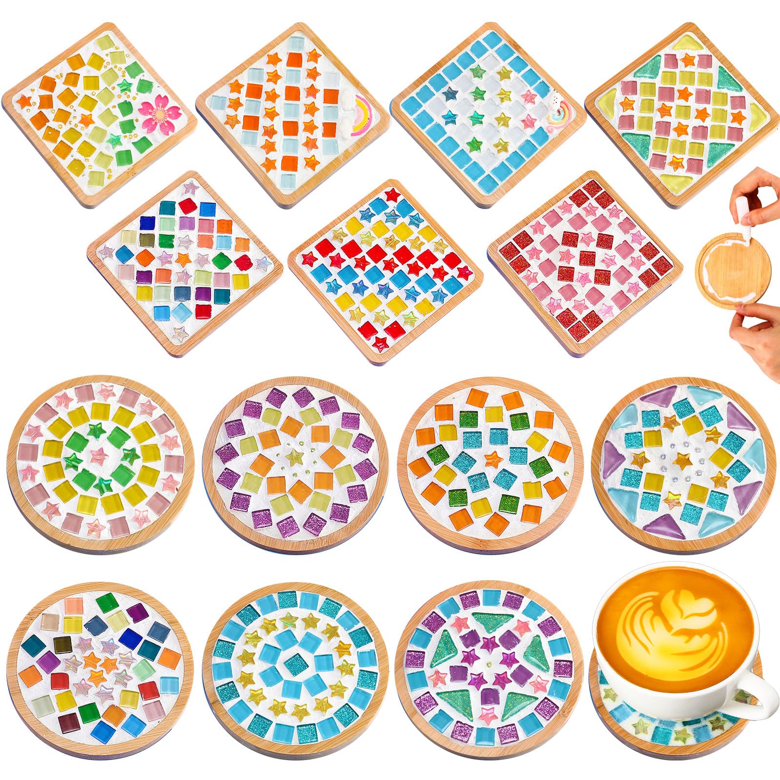 Photo 1 of Reallnaive DIY Glass Mosaic Tiles for Crafts, Mixed Color Mosaic Kits with Wooden Coaster Adults DIY Kit for Coaster Handmade Home Gifts(Assorted Style,14 Sets)