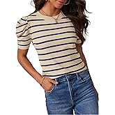 HAEOF Women's Striped Puff Short Sleeve Spring Tops 2026 Summer T Shirts Lightweight Sweater Dressy Casual Cute Work Blouses