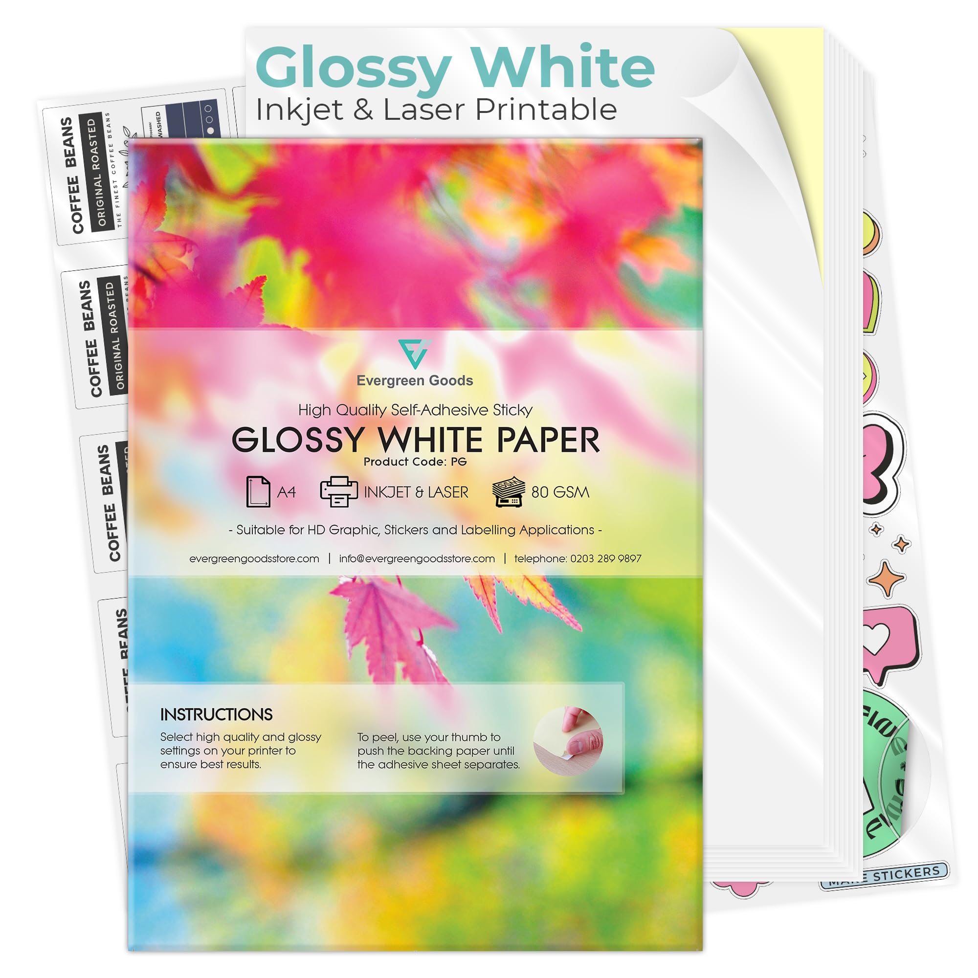 Evergreen Goods A4 Glossy White Sticker Paper, 100 Sheets, Inkjet & Laser Compatible, DIY Print Sticky Back Labels from Home