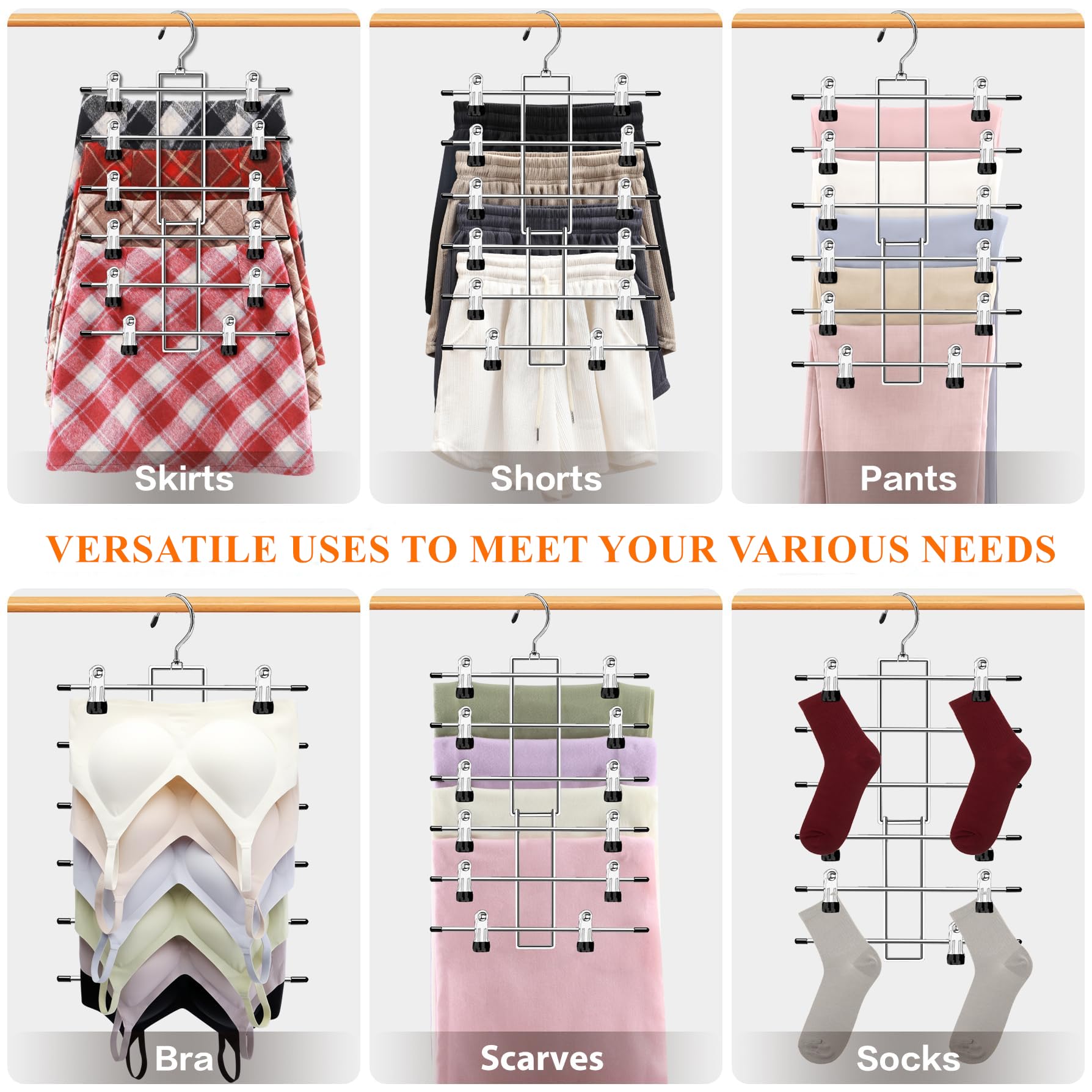 Hosenbügel Metall 3 Stück, Rockbügel Platzsparend, Kleiderschrank Organizer, rutschfest Faltbare Edelstahl Kleiderbügel für Hosen, Röcke, Jeans und Schals 3