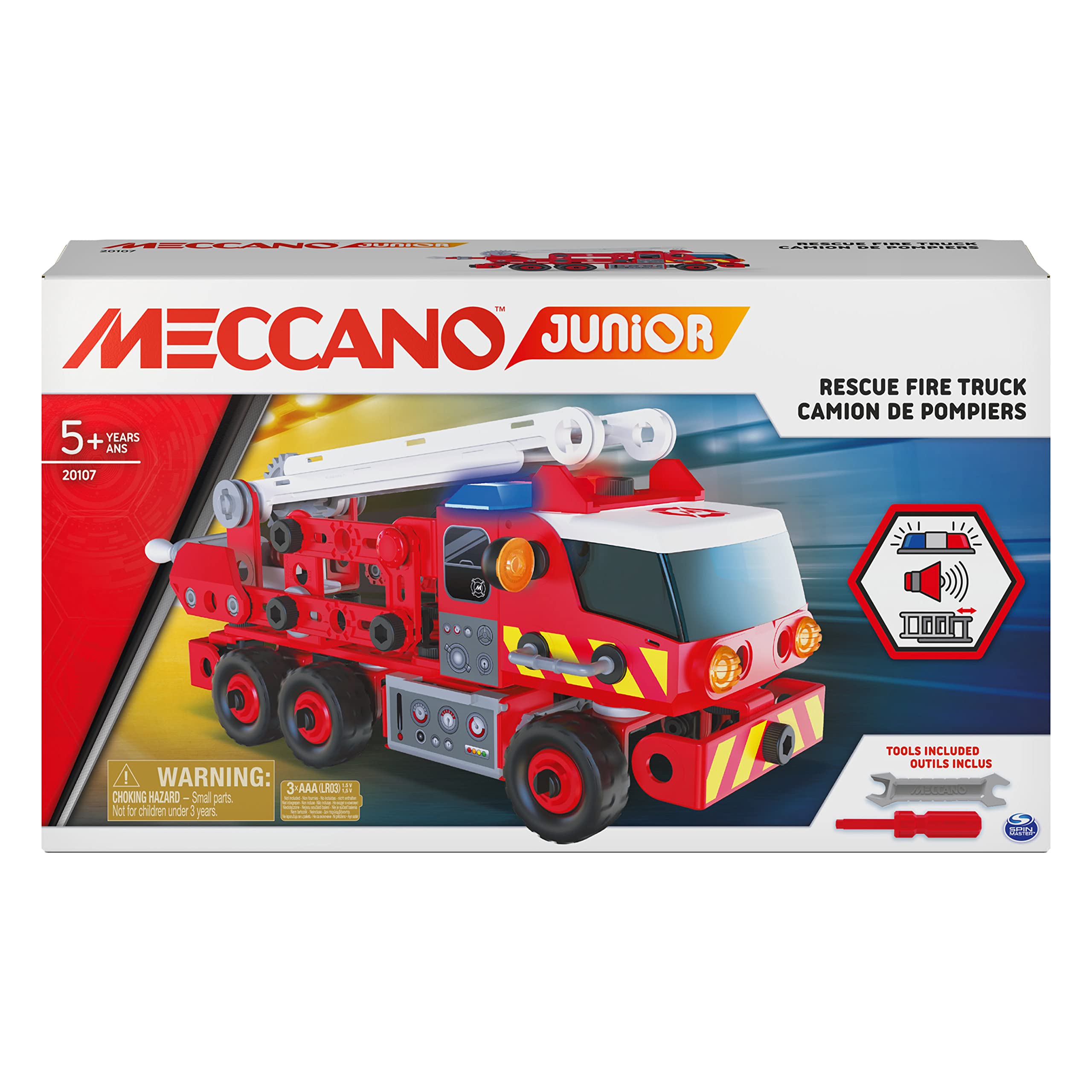 MECCANO Junior, Rescue Fire Truck with Lights and Sounds STEAM Building Kit, for Kids Aged 5 and Up