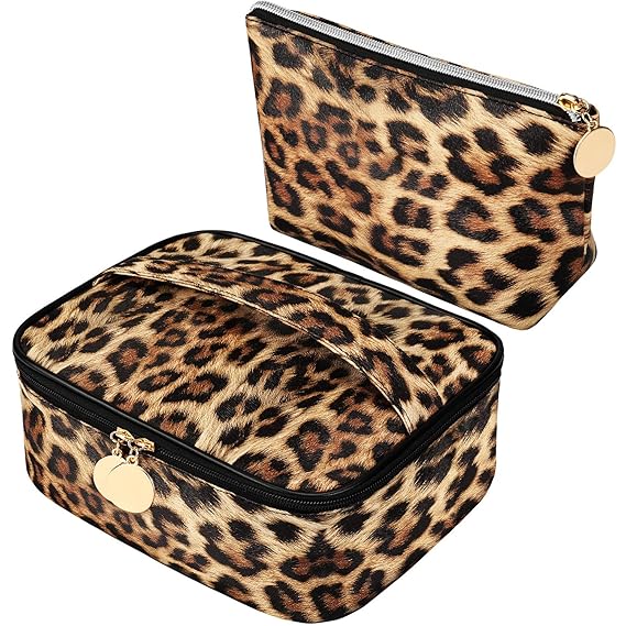 2 Pieces Leopard Print Cosmetic Bag Cheetah Makeup Bag