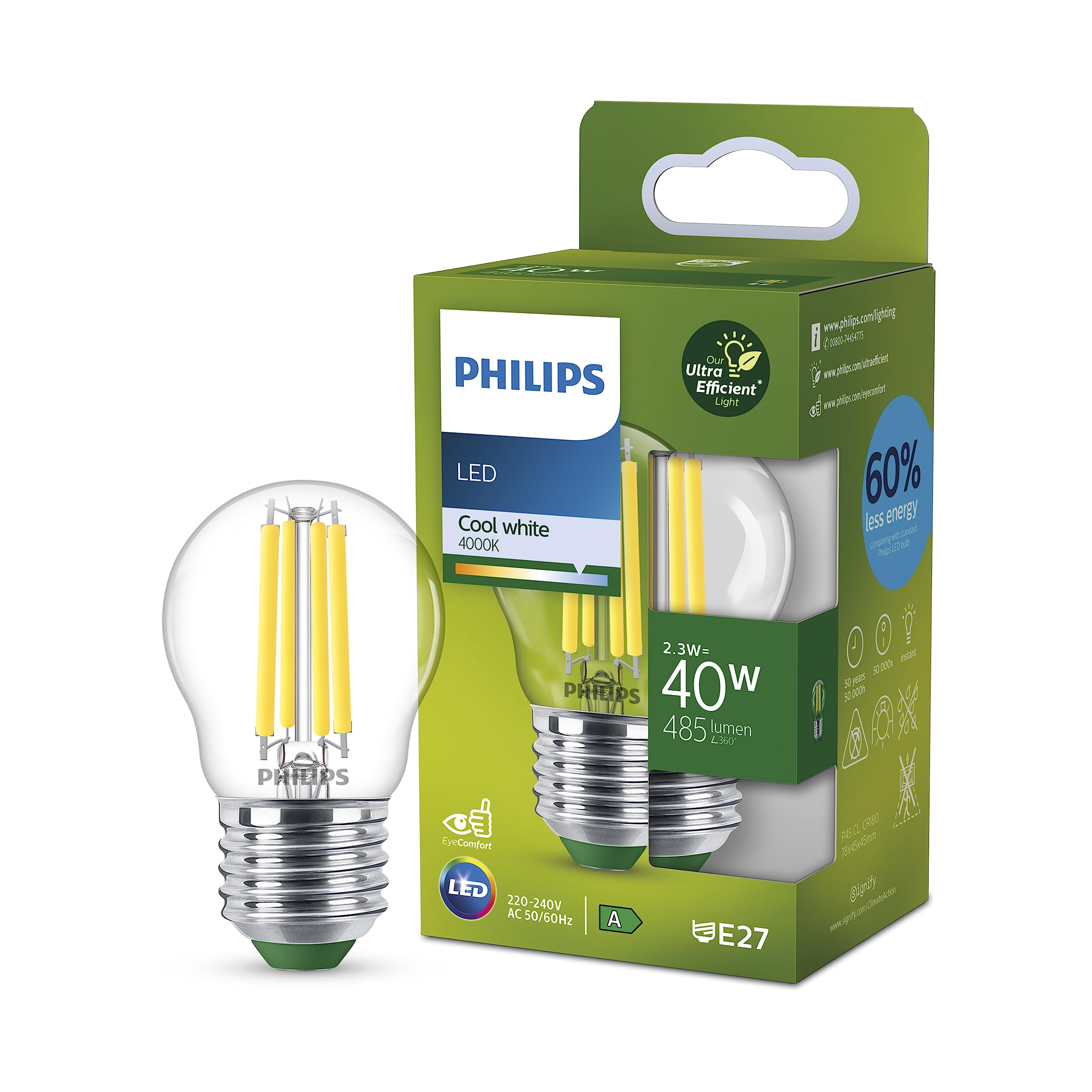 Philips Classic ultra-efficient LED bulb with energy efficiency class A, E27 base, replaces 40W, clear, cool white light, teardrop shape