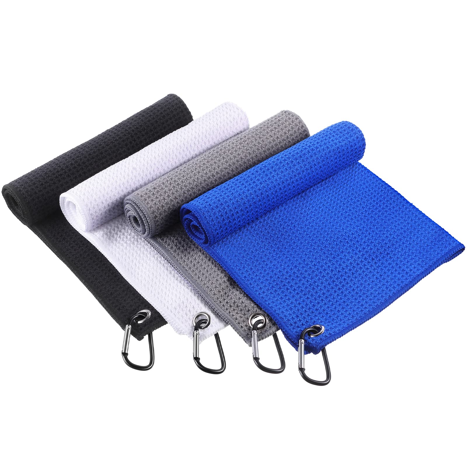 Photo 1 of Remagr 4 Pack Golf Towel for Bags Microfiber Fabric Towel Bag with Clip Waffle Pattern Golf Accessories for Men Women Ball Club Set, Multiple Colors(Black, White, Gray, Blue)