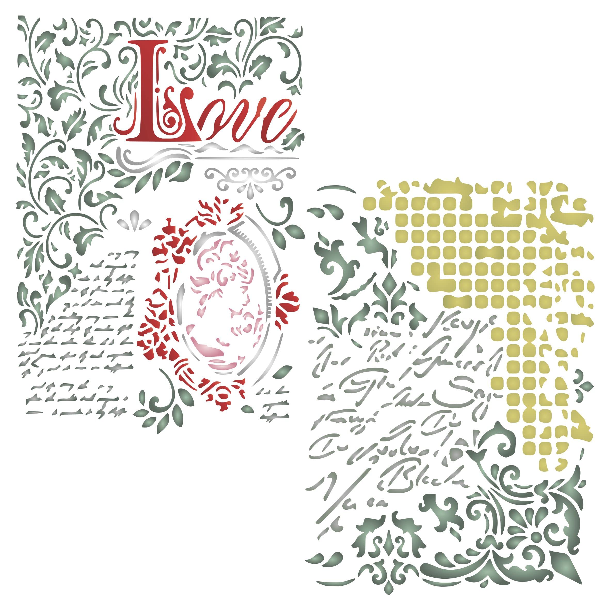 2X Love Letter Stencil, 2pc / 21.5 x 31.7 cm (L) - Use Layering Shapes Cameo Script Leaves Scrolls to add Texture and Design to Mixed Media Backgrounds Stencils for Painting