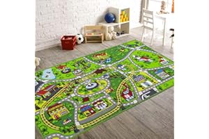 Booooom Jackson Kids' Train & City Rug - Non-Slip, Washable, Race Car Track Play Mat for Boys & Girls