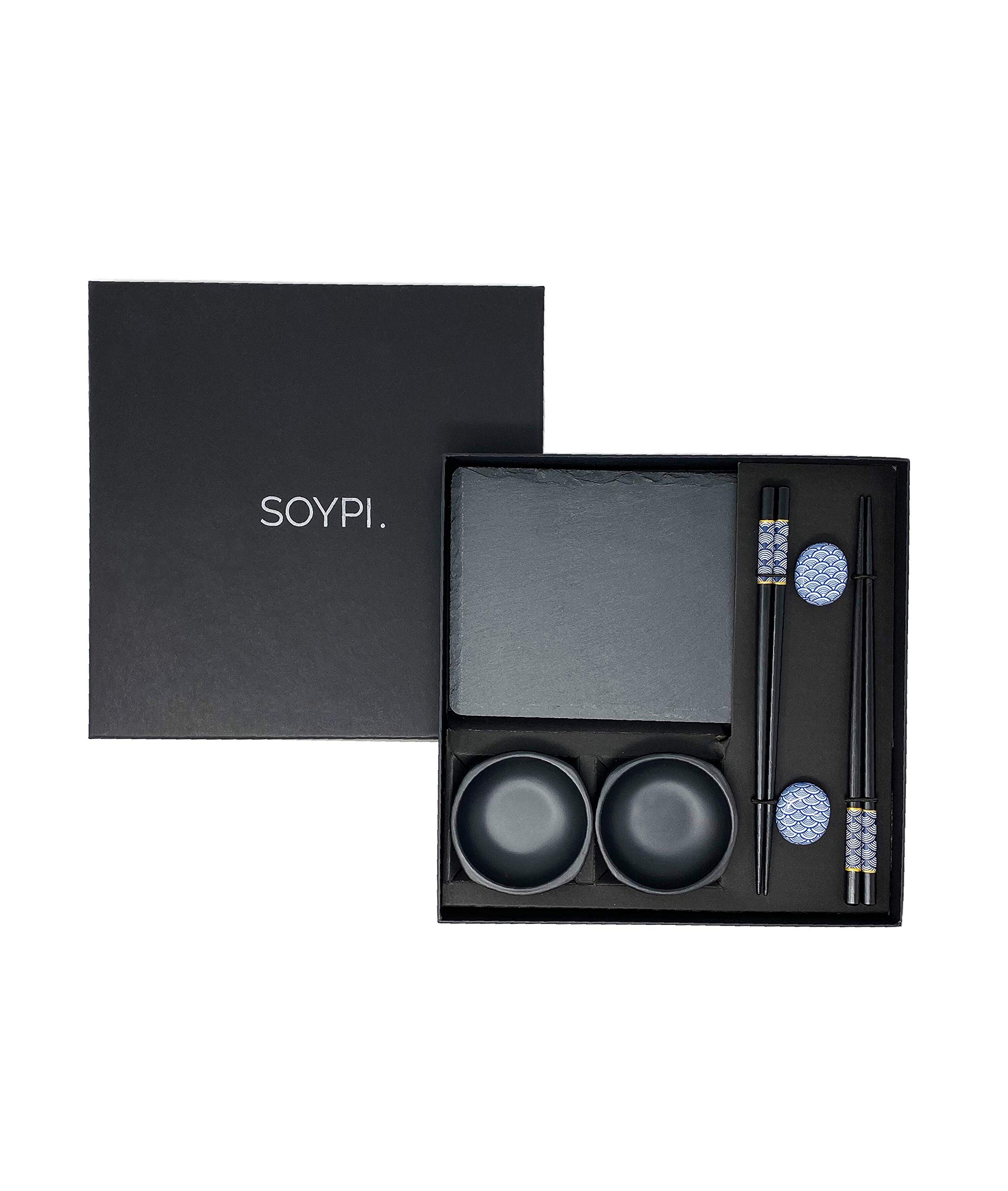Soypi Sushi Set for 2 People - Black, 10-Piece Sushi Crockery Set Consisting of Chopsticks, Slate Plates, Trays, Bowls, Delivered in High-Quality Gift Box as a Perfect Couple Gift