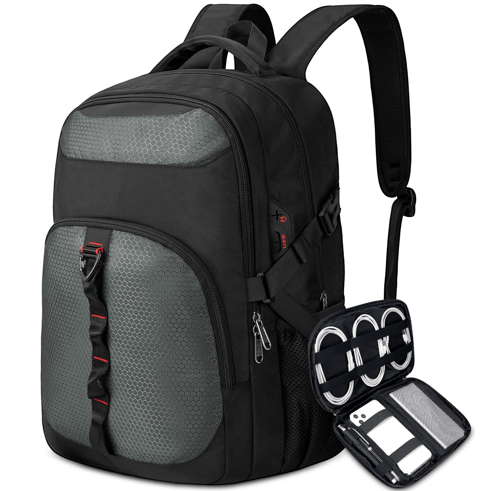 NEWHEY 17 Inch Laptop Backpack with Cable Organizer Men's Waterproof Backpack Laptop Computer with USB Charging Port Business Work Daily Travel Studies, grey, Portable