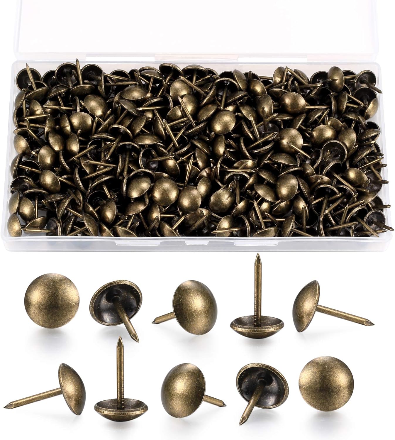 200 Pcs Upholstery Tacks, Antique Bronze Decorative Thumb Tacks, Furniture Push Nail Pins with Plastic Storage Box(11 * 17mm)