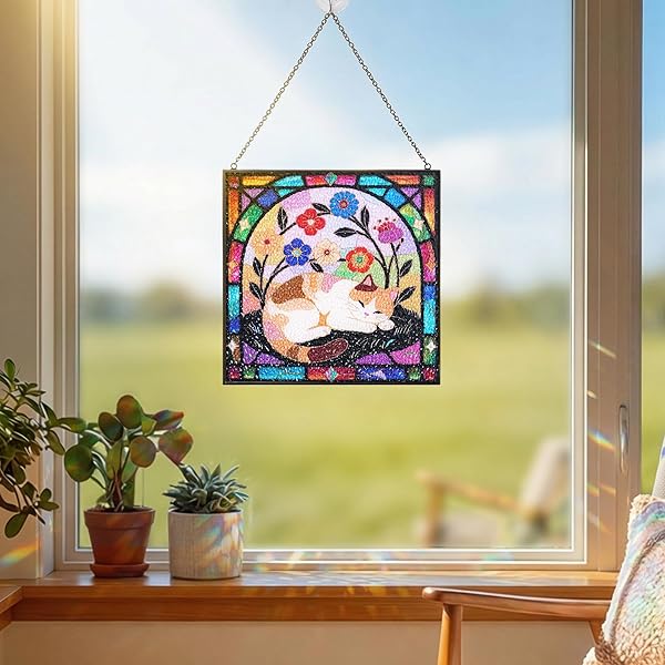 CAT STAINED GLASS WINDOW HANGING, 7.9″ SQUARE SUNCATCHER WITH CHAIN SUCTION CUP, CUTE KITTEN SUN CATCHERS INDOOR WINDOW, COLORFUL CAT DECOR FOR WALL, PORCH, BIRTHDAY, SLEEPY CALICO