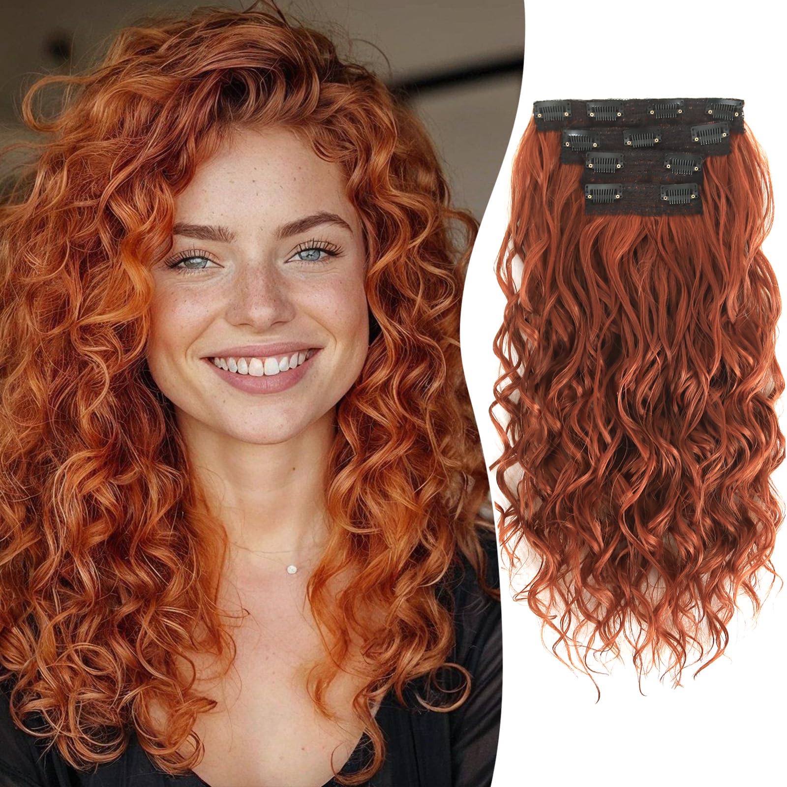 Photo 1 of Aisaide Clip in Hair Extensions, 4PCS 16 inch Curly Hair Extensions Short Soft Natural Hairpiece Lace Weft Curly Wave Clip Ins Extensions Invisible for Women,Dark Copper Red
