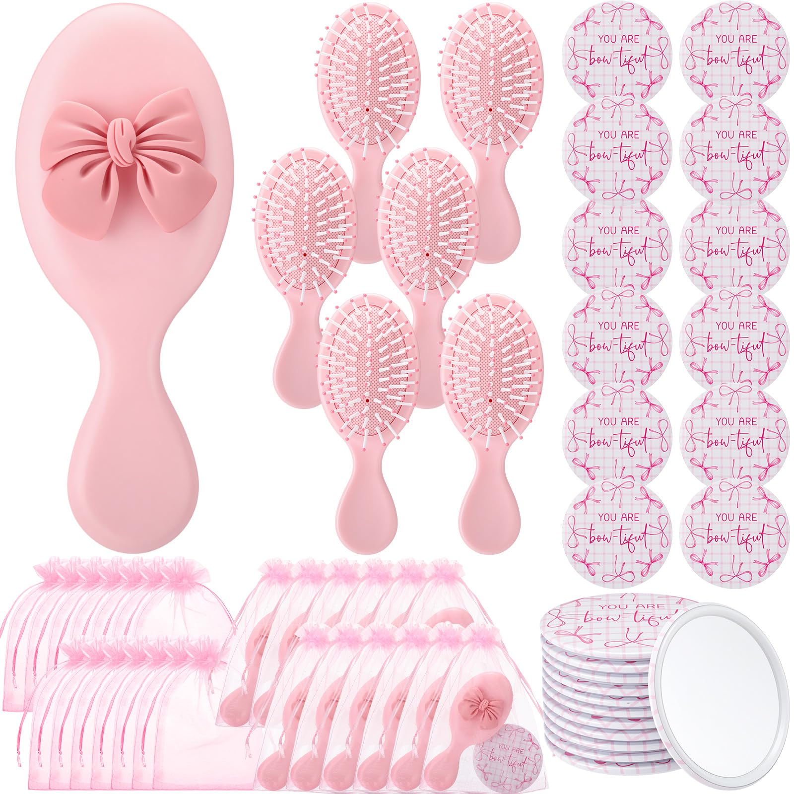 Photo 1 of Wonderjune 24 Set Coquette Party Favor Compact Mirror Mini Hair Brush Organza Bag Inspirational Aesthetic Preppy Gift for Women Birthday Bridal Baby Shower Wedding Party Decorations(Pink,Bow)