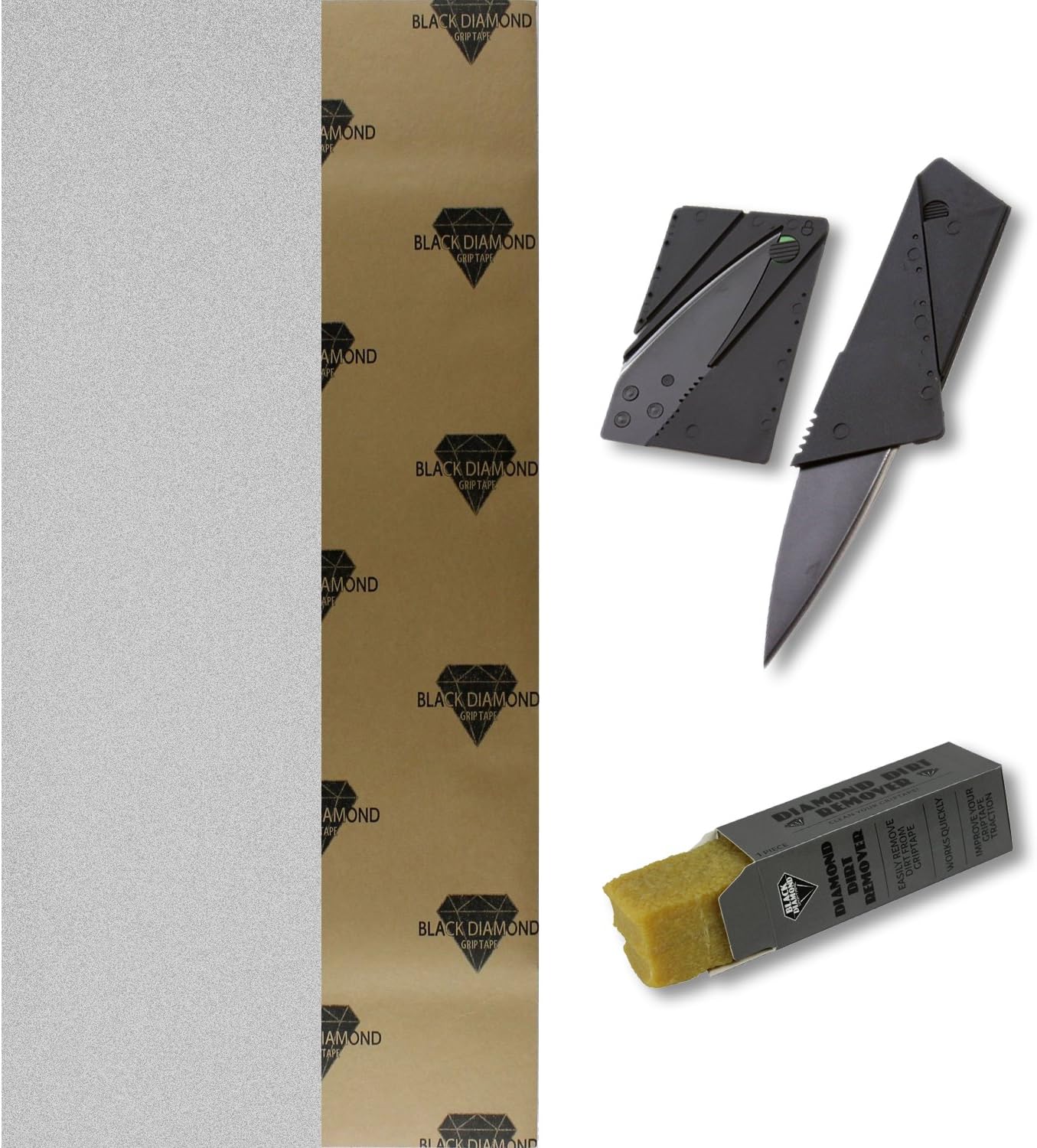 Black Diamond Skateboard Griptape 9" x 33" Grip Tape + Grip Knife + Grip Cleaner