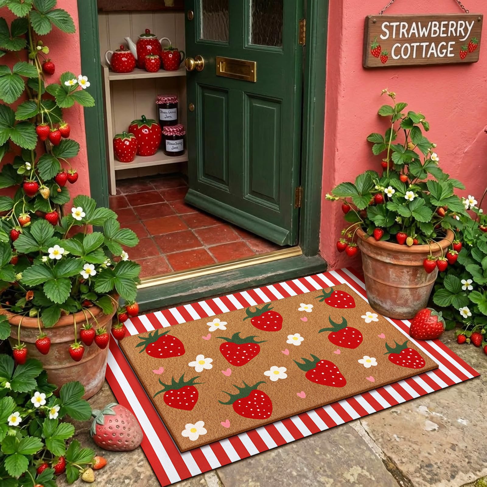 Condition photo showing New/Like New for tinideya 2 pcs strawberry door mat summer welcome non slip coir fruit pattern mats floor layering red and white stripe doormats seasonal for front porch entryway decor(strawberry) 23.6 x 35.4 inches strawberry brown green red