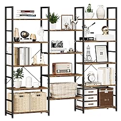 NUMENN Triple Wide 5 Tier Bookshelf, Rustic
