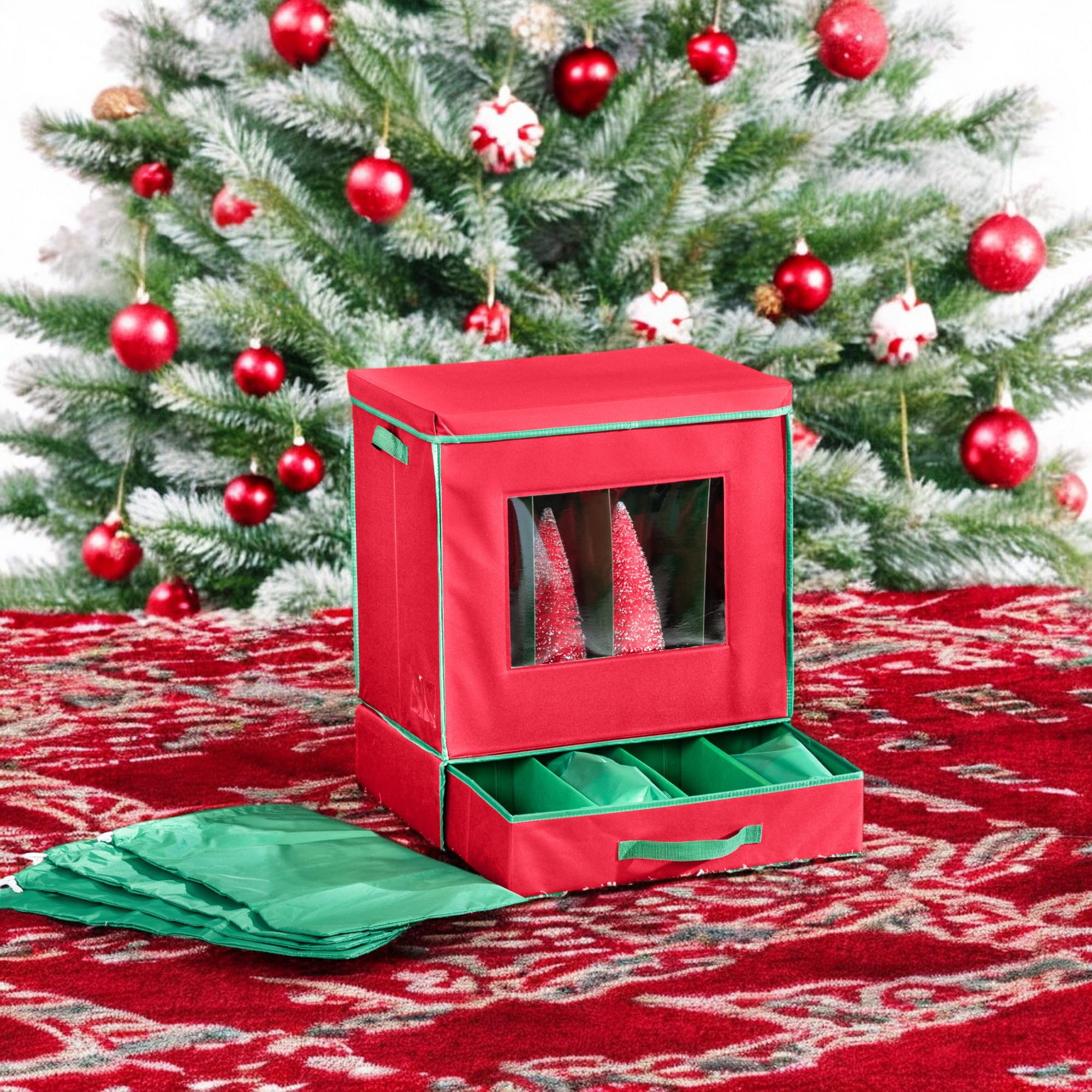 Honey-Can-Do Holiday Decorations Storage Box with Handles, Clear-View Window, Dividers and Compartme
