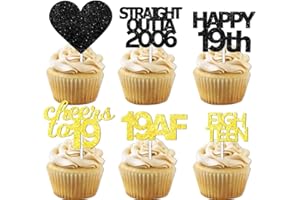 LETLIMIT 18pcs Black Gold Glitter Dessert Cupcake Pick for Straight Outta 2006 Cheer to 19 Years Old Theme Decor Supplies Happy 19th Birthday Party Decoration