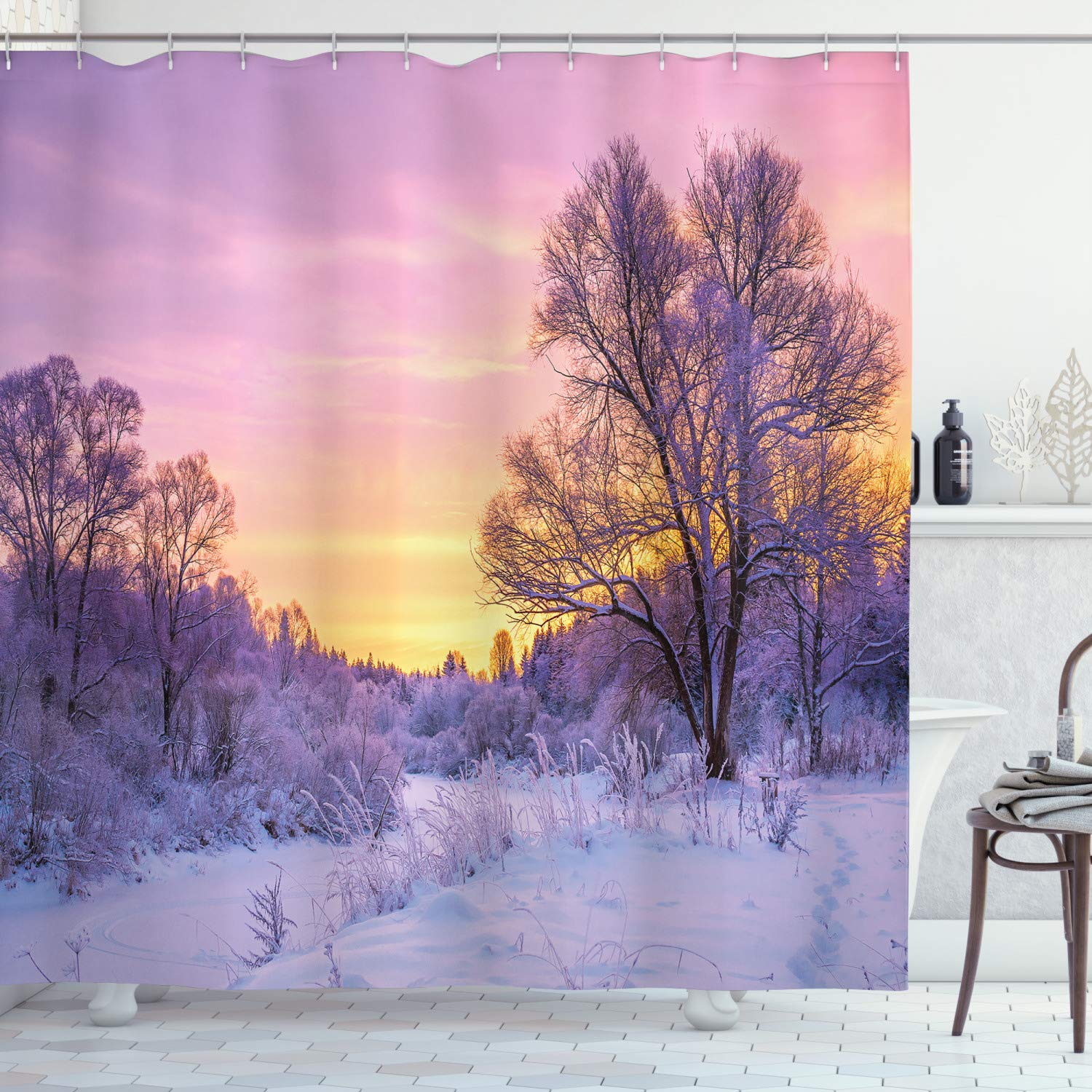 ABAKUHAUS Forest Shower Curtain, Winter Landscape with Sunset and Frozen Trees Ice Weather Blizzard Cold Days Image, Cloth Fabric Bathroom Decor Set with Hooks, 94 Inches, Pink White