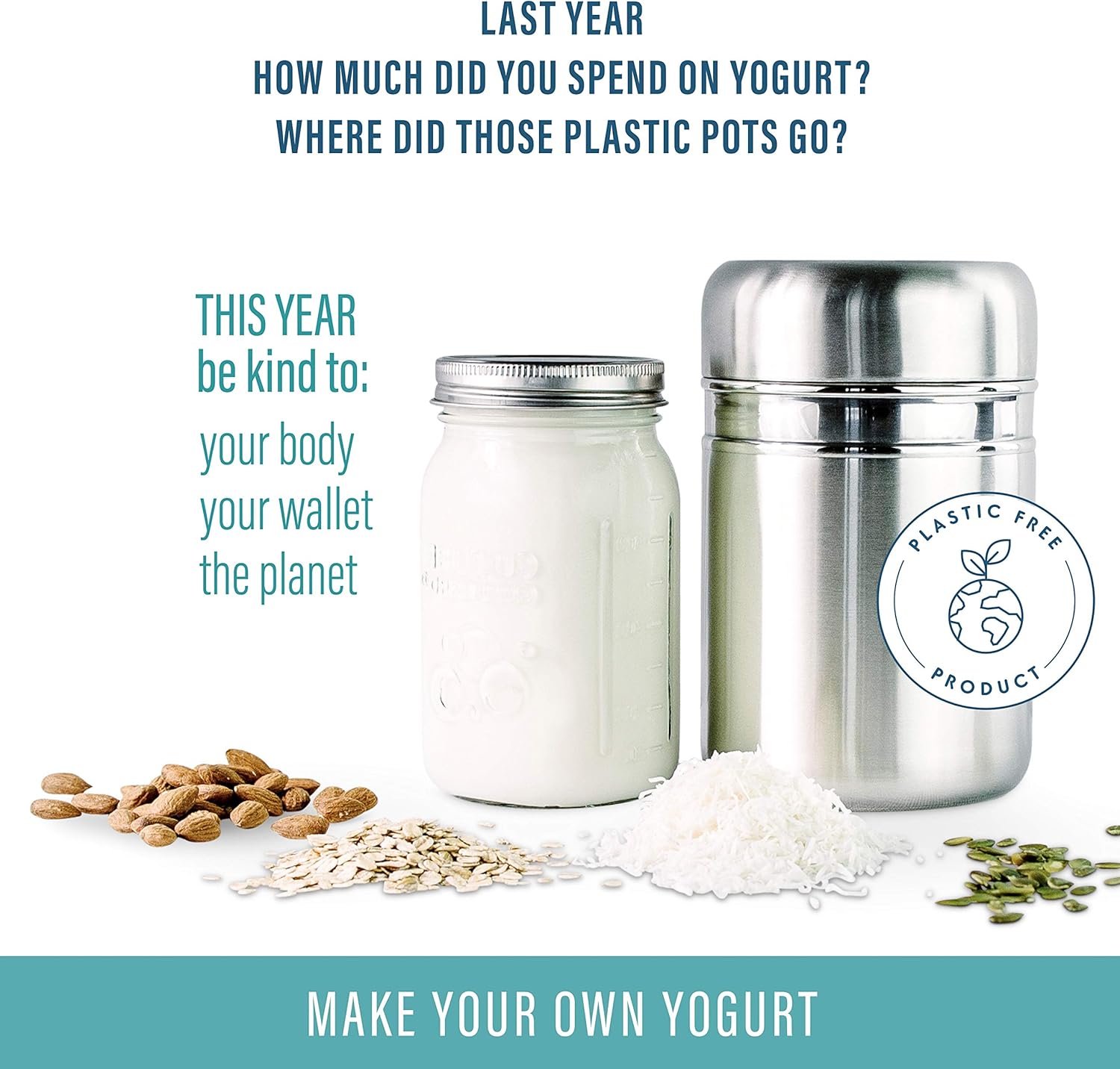 Stainless Steel Yogurt Maker with 1 Quart Glass Jar and Complete Recipe Book to Make 12+ Easy Homemade Dairy Free and Milk Yogurts: Kitchen & Dining