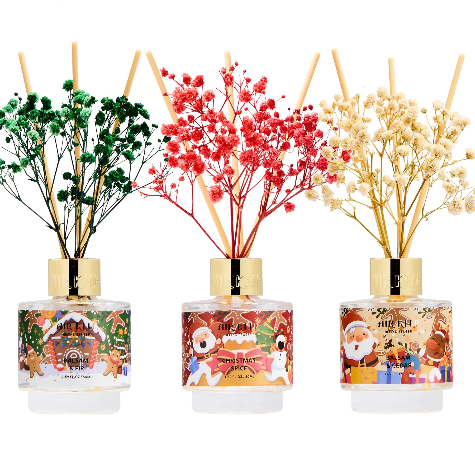 Airkeep Reed Diffuser Set of 3,Balsam & Cedar Balsam & Fir Christmas Spice Oil Reed Diffusers for Bedroom Living Room Office Aromatherapy Oil Reed Diffuser for Gift 50ml x 3
