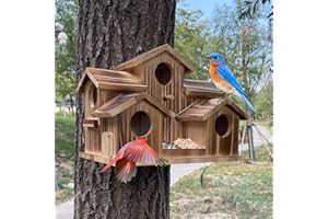 Puyikes Bird House for Outside 5 Hole Bird Houses Room for 5 Bird Families Large Bird House for Garden/Courtyard/Backyard for Garden Decor-Finch Bluebird Cardinals Handmade Wooden Hummingbird House