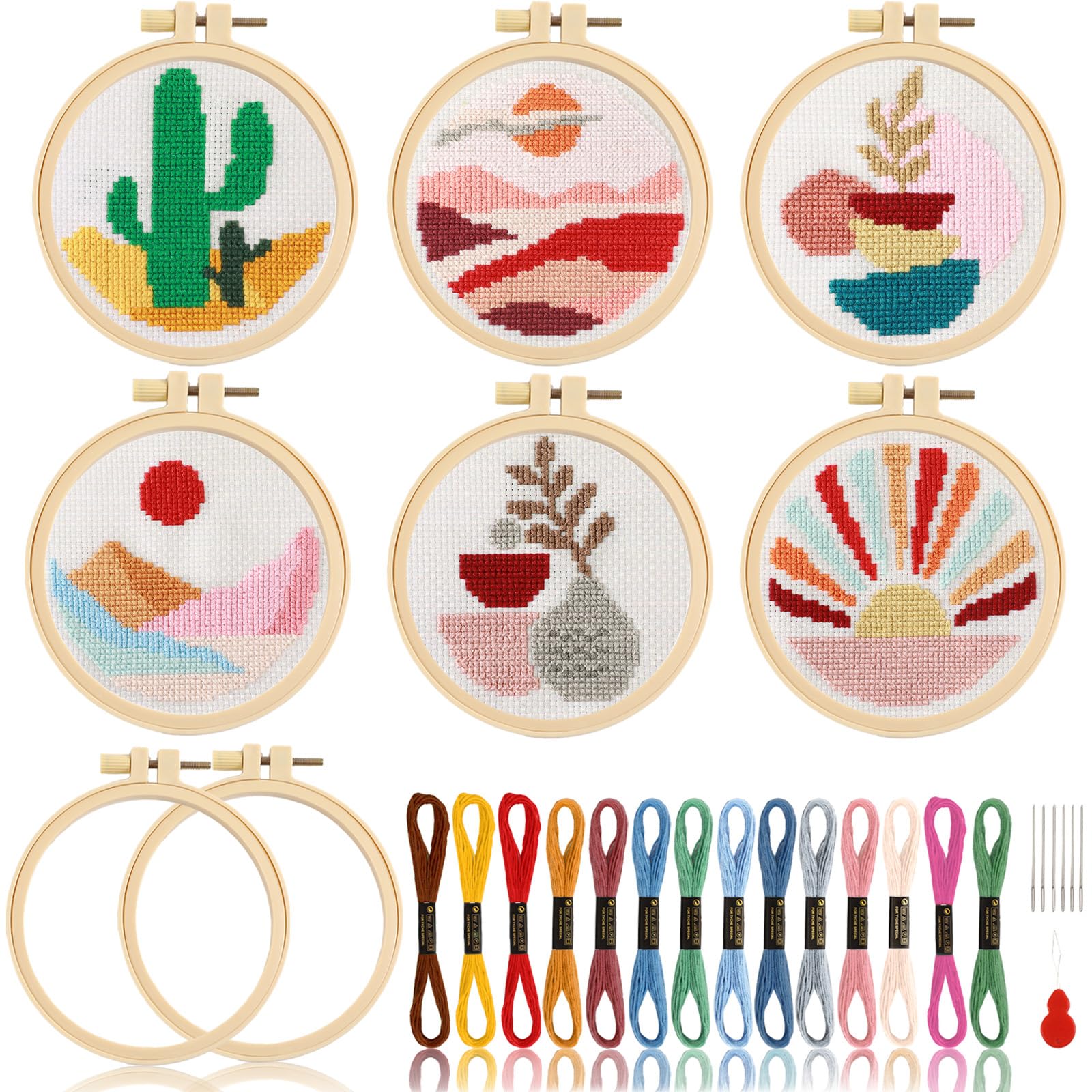 Photo 1 of ZOIIWA 6PCS Cross Kits for Beginners DIY Embroidery Kit for Kids Adults Boho Cross Kits Christmas Birthday Gift Abstract Landscape Needlepoint Patterns with 2 Embroidery Hoops Craft Supplies