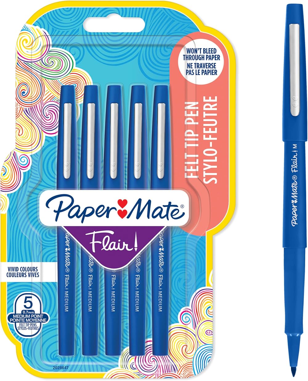 Paper Mate Flair Felt Tip Pens Medium 0.7 mm Blue 5 Count