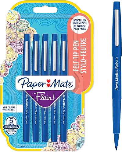 Paper Mate Flair Felt Tip Pens Medium 0.7 mm Blue 5 Count