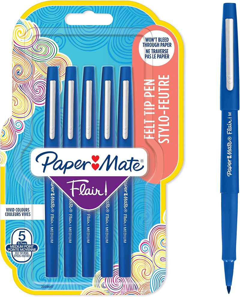 Paper Mate Flair Felt Tip Pens Medium 0.7 mm Blue 5 Count