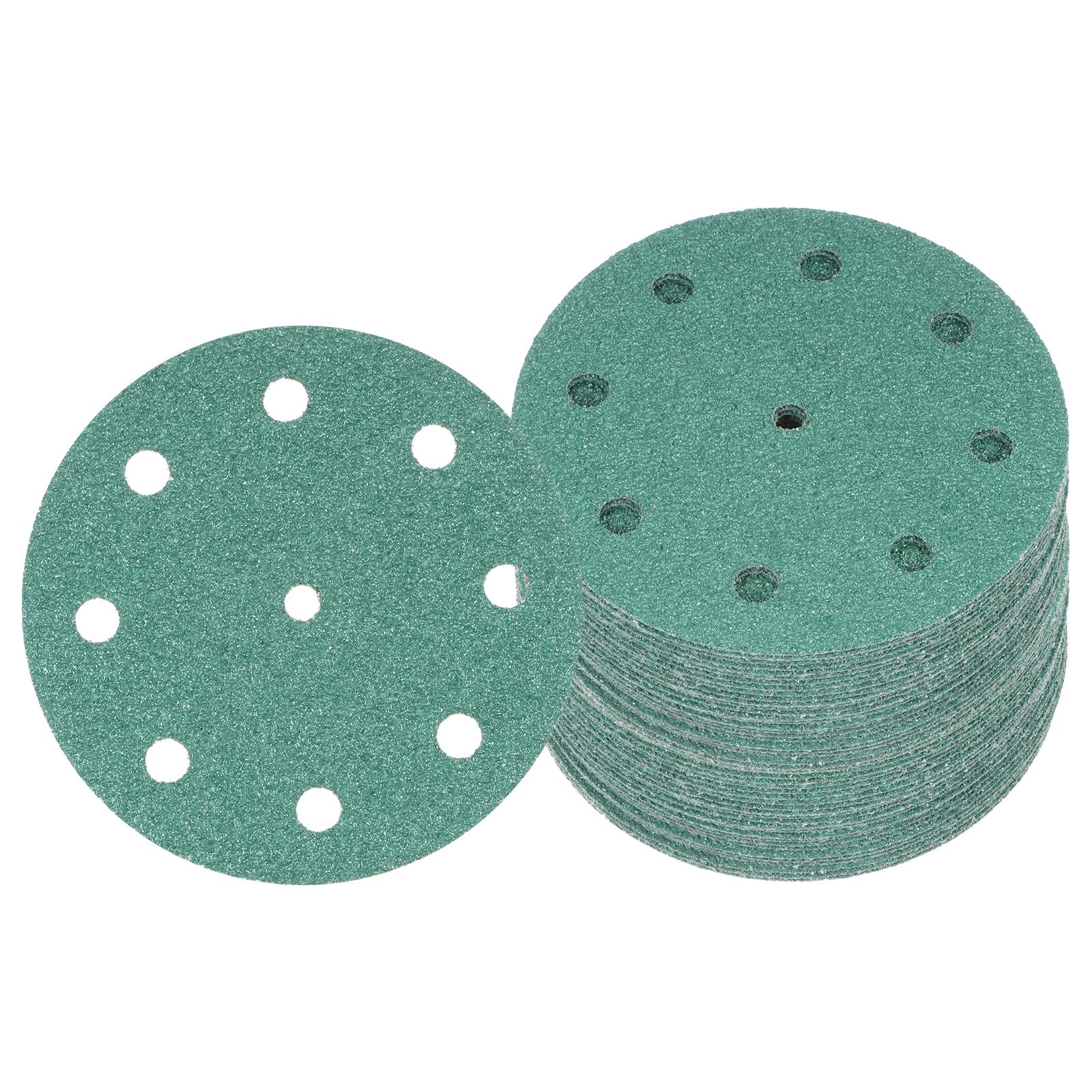 Kozelo 50pcs Green Film Sanding Discs - [5 Inch 40 Grits 9 Hole ] Round Aluminum Oxide Hook & Loop Wet Dry Sander Pads for Wood Metal Polishing Use| Zirconium Corundum Sandpaper